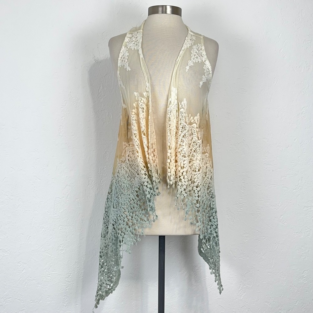 Boho Romantic Fairy Vest Large Floral Embroidered Crochet Sheer Ombre Open Front